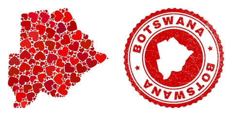 Mosaic Botswana map formed with red love hearts, and textured seal stamp. Vector lovely round red rubber seal stamp imitation with Botswana map inside.