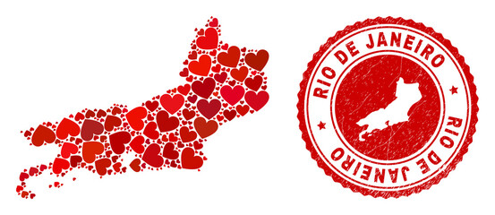 Collage Rio de Janeiro State map formed with red love hearts, and dirty seal stamp. Vector lovely round red rubber seal stamp imprint with Rio de Janeiro State map inside.
