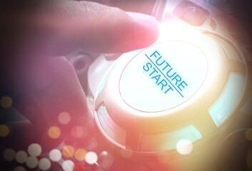 Finger about to press a car ignition button with the text 2021 start. Year two thousand and twenty...