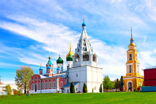 Cityscape view of churches and other Orthodox architecture in the old city center of Kolomna, Moscow region, Russia. Assumption Cathedral, Tikhvin Church in Kremlin.