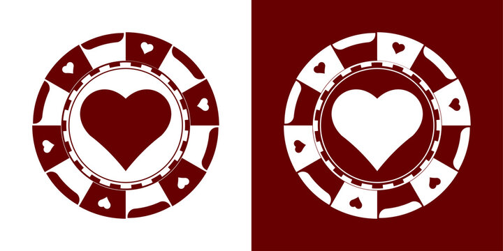 Red poker gaming chip.  Casino tokens coins with playing cards symbols, hearts, spades, clubs, diamonds.	