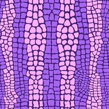 Neon purple and pink crocodile or alligator skin seamless pattern in 80s-90s style. Exotic animal background. Colorful leather wallpaper.