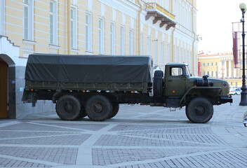 Green awning truck of the Russian Army, Palace Square, St. Petersburg, Russia, May 2021