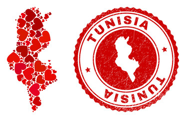 Collage Tunisia map created with red love hearts, and textured seal stamp. Vector lovely round red rubber seal stamp imprint with Tunisia map inside.
