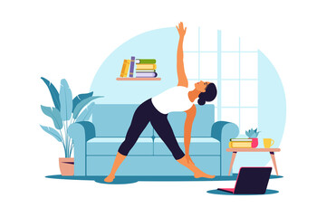 Online workout. Woman doing yoga at home. Watching tutorials on a laptop. Sport exercise in a cozy interior. Vector illustration. Flat.