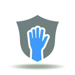Shield with hand up gesture vector illustration. Human rights protection symbol. People law legal icon.