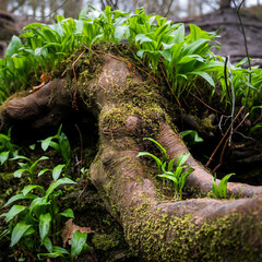 Sprouting Ramson grows from a fallen tree