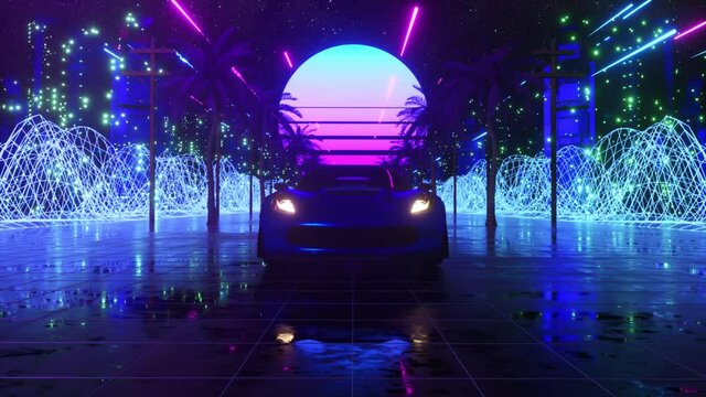 Car and city in neon style. 80s retro wave background 3d animation. Retro futuristic car drive through neon city. 3d render of seamless loop
