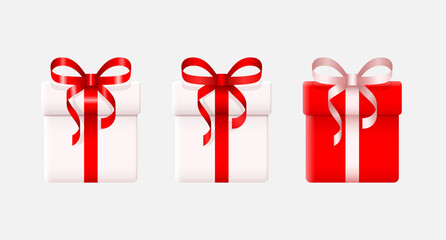 Realistic gift boxes with ribbon. Red and white boxes tied with a ribbon. Vector illustration.