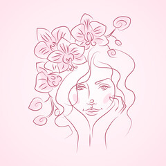Woman face with orchid flowers line drawing. Flower bouquet in woman head. Nature cosmetics. Minimalist hand draw artwork