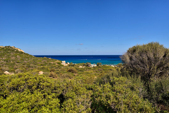 Typical landscape with evergreen maquis and pure lazur coast on the Spanish Tower and the beach Mare Pintau in Sardinia, Italy.