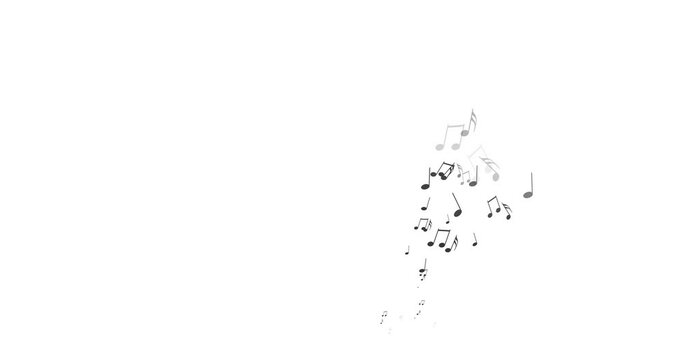 Animation flying musical symbols and notes on white background. Black musical notation symphony signs, notes for sound tune music. Alpha channel. 4k Video motion graphic animation