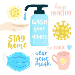 On a white background is, a disinfectant, viruses, a pink cup, inscriptions, a blue mask, a hand, a blue drop.