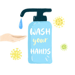 Hand sanitizer soap set,virus molecule around,clean hand,covid 19, soap drips on your hands.