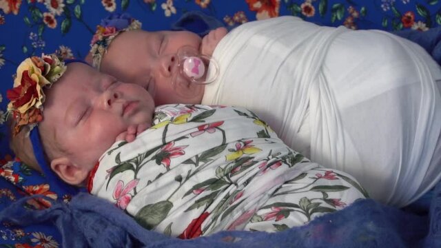Slow Motion Tiny Sleeping Newborn Baby Twin Girls