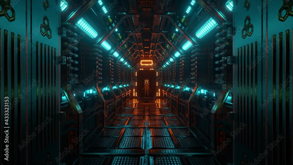 Poster flying in a spaceship tunnel, a sci-fi shuttle corridor. futuristic abstract technology. technology 