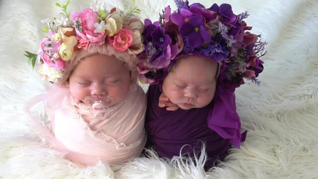 tender newborn girls twins with lavender flowers