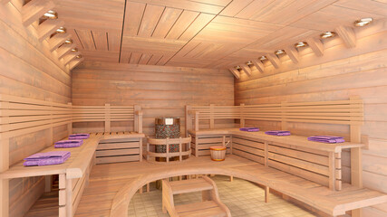Fototapeta premium 3d-render of a big cozy empty wooden sauna with hot steam stove. 