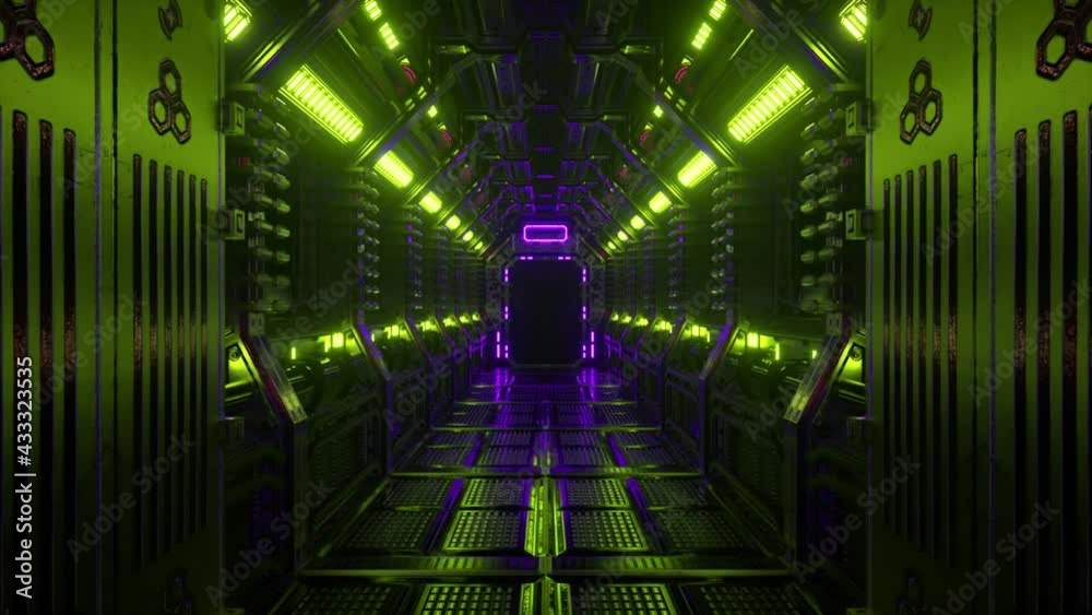 Poster flying in a spaceship tunnel, a sci-fi shuttle corridor. futuristic abstract technology. technology 