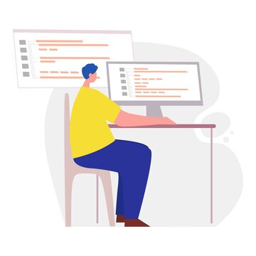 Programmer working on web development on computer. Concept of script coding and programming in php, python, javascript, other languages. Software developer. Flat cartoon illustration design