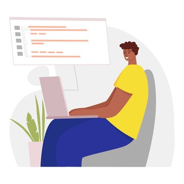Programmer working on web development on computer. Concept of script coding and programming in php, python, javascript, other languages. Software developer. Flat cartoon illustration design
