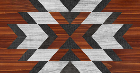 Wooden panel with geometric tribal pattern for wall decor. Seamless wooden background.