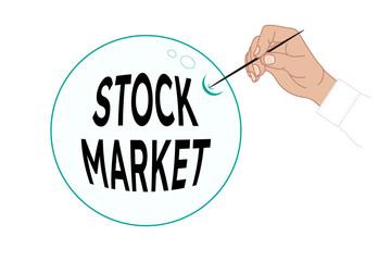 Stock market bubble concept. Bubble with stock market words and hand with needle. Flat vector illustration