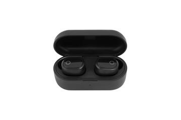 Modern black wireless earbuds headphones lying in charge case isolated on white background. 
