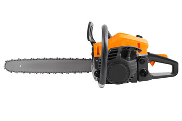 Petrol chainsaw side view isolated on white background. Gasoline chain saw.
