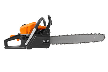 Gasoline chainsaw isolated on white background. Garden power tool - chain saw.
