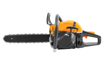 Petrol chainsaw side view isolated on white background. Gasoline chain saw.
