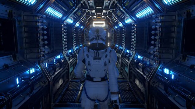 Astronaut walking in spaceship tunnel, sci-fi shuttle corridor. Futuristic abstract technology. Technology and future concept. Flashing light. 3D animation