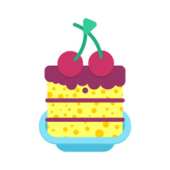 Cherry cake piece in plate cartoon Sweets vector illustration