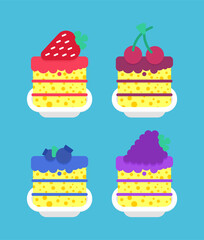 Desserts set cake piece in plate. Blueberries and cherries. Strawberries and blackberry Sweets vector illustration