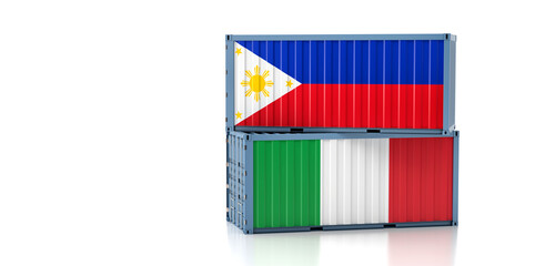 Two freight container with Italy and Philippines flag. Copy space on the left side - 3D Rendering