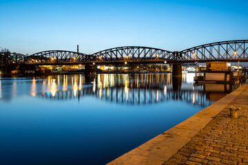 Vysehrad Railway Bridge by night. Prague, Czech Republic