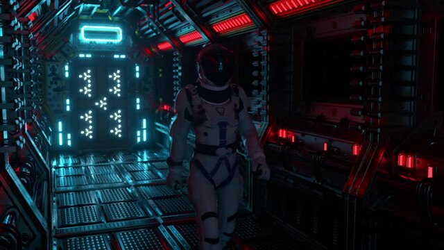 Astronaut walking in spaceship tunnel, sci-fi shuttle corridor. Futuristic abstract technology. Technology and future concept. Flashing light. 3D animation
