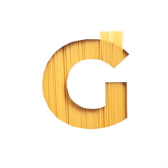 Spaghetti alphabet. Letter G made of pasta and white cut paper. Typeface for grocery products store design. Italian Food