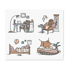 Blanket house color icons set. Living room, bedroom,home workplace.Modern apartment furniture, accessories.Home interior and lifestyle concept.Isolated vector illustration