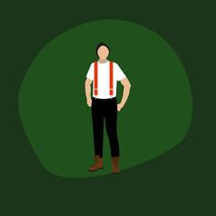 A men in suspenders. Handy men in a worker's uniform. Suspenders. Forester, firefighter uniform. Vector graphics isolated. Guy in boots. EPS