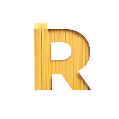 Spaghetti alphabet. Letter R made of pasta and white cut paper. Typeface for grocery products store...
