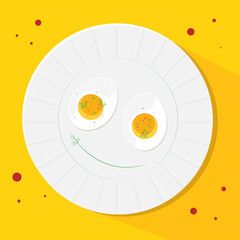 Egg with dill in a white plate on a yellow background. Vector illustration. National Egg Day.