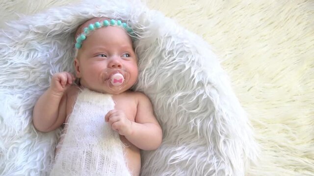 Sleeping New Born Baby, Newborn Kid Sleep on White Fur, Beautiful Infant Studio 