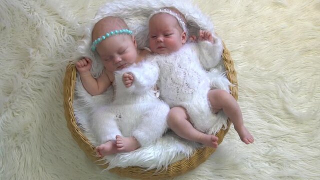 Lovely newborn twin girls, sleeping on a white fur blanket
