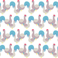 art, bird, blue, brown, chicken and rooster, design elements, farm, illustration, on white, stock, vector, seamless pattern , endless, for web, for print, for fabric print