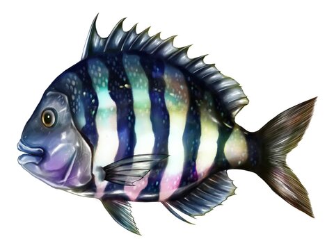 Illustration of fish name Sheepshead painted by color pencil