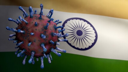 3D, Flu coronavirus floating over Indian flag. India and pandemic Covid 19