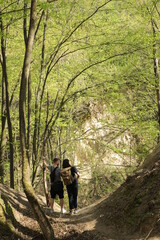 hikers travel outdoors in the forest, sunny day and healthy lifestyle, couple spend their weekends in the forest outdoors