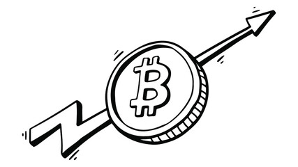 Cryptocurrency coin bitcoin with arrow growth graph in doodle style isolated