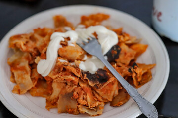 red chilaquiles, traditional food from mexico